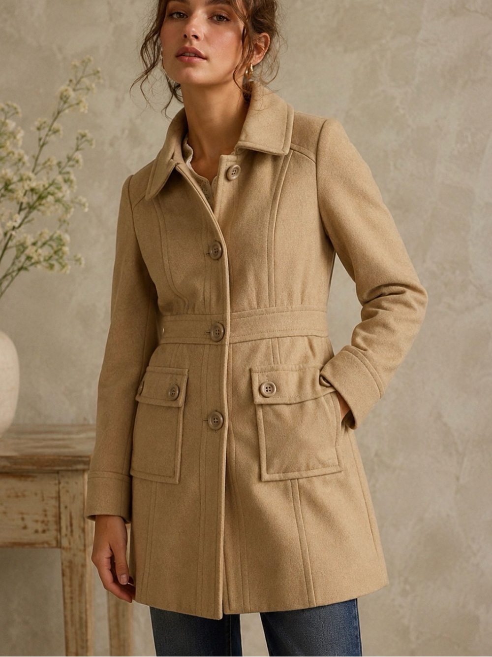 Anthropologie Tulle Womens Tailored Belted Wool-Blend Coat - Camel